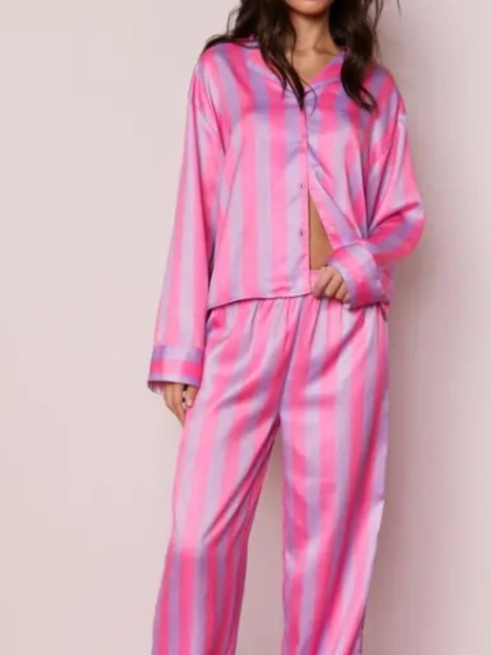 NastyGal Satin Oversized Stripe Pajama Pants Set (Pink, Small) - Picture 4 of 5